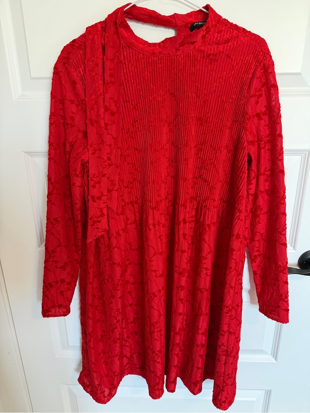 Red Textured Long-Sleeve Women’s Dress